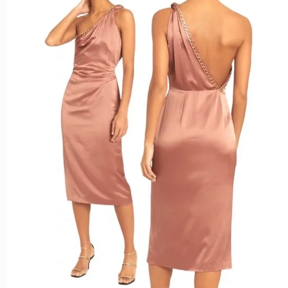 REISS dress Adaline Satin Drape Chain Detail Dress, Blush × 1